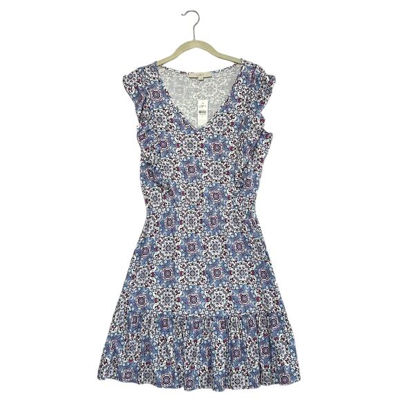 LOFT Medallion Ruffle Flare Dress NWT Women's Sz S Blue White Flowy Stretch - Picture 1 of 8